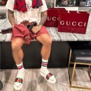 Gucci White and Green Sandals with Bold Stripes shoes